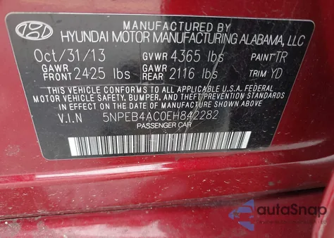 2014 Hyundai Sonata Gls z USA, uszkodzony, nr VIN 5NPEB4AC0EH842282